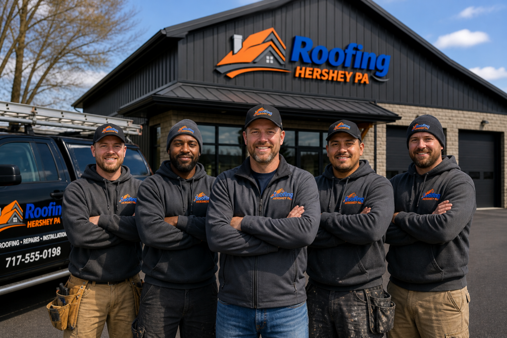 Five guys in company gear stand tough, arms crossed, outside the Roofing Hershey PA shop. Work truck’s parked on the left. - Roofing Hershey PA
