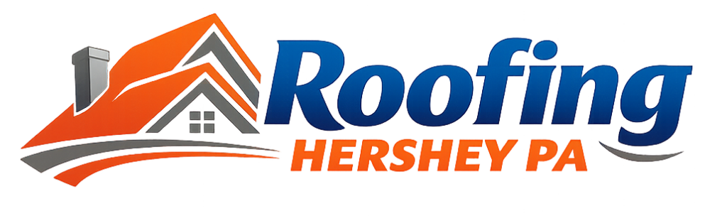 A sharp roofline with a chimney in orange and gray, logoed beside “Roofing Hershey PA”—“Roofing” pops in blue, “Hershey PA” in orange. - Roofing Hershey PA