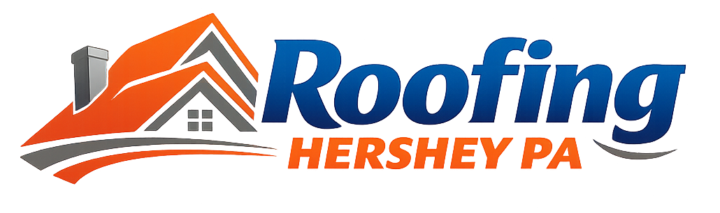 A sharp roofline with a chimney in orange and gray, logoed beside “Roofing Hershey PA”—“Roofing” pops in blue, “Hershey PA” in orange. - Roofing Hershey PA