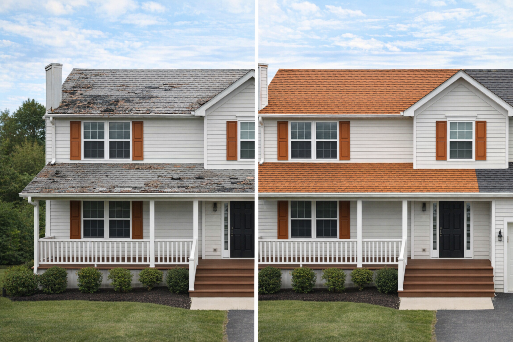 A worn, aging roof on the left and a freshly replaced roof on the right of the same Pennsylvania home