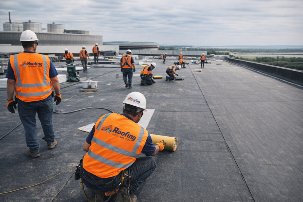 A roofing crew working on a flat commercial roof in the Harrisburg area