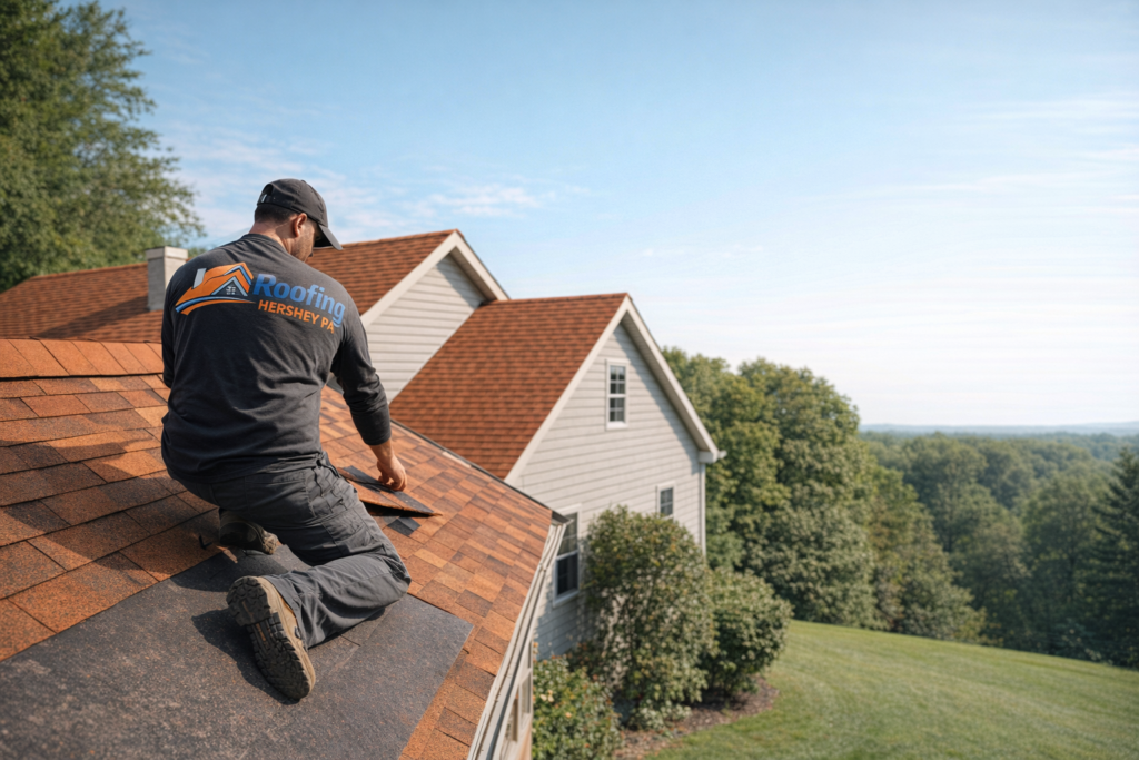 Crew member in a Roofing Hershey, PA shirt laying shingles on a roof, trees around and blue sky—ideal day for roofing. - Roofing Hershey PA