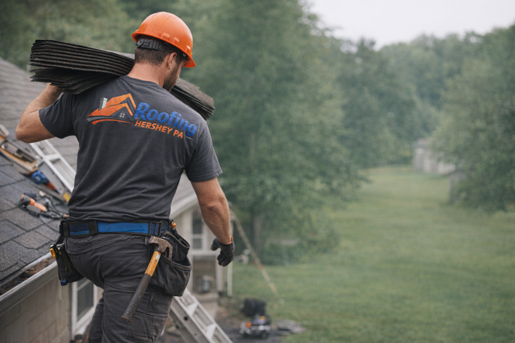 I'm up on the roof in my hard hat and Roofing Hershey PA shirt, hauling shingles with my tool belt on, trees behind me. - Roofing Hershey PA