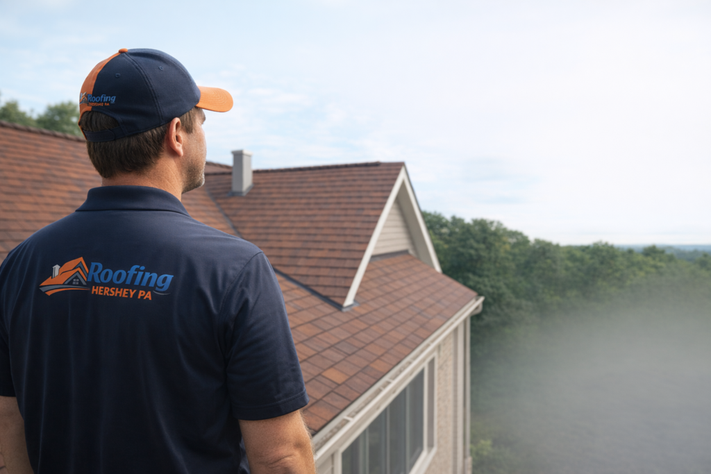 A roofer inspecting the shingles on a Hershey, PA home for signs of wear