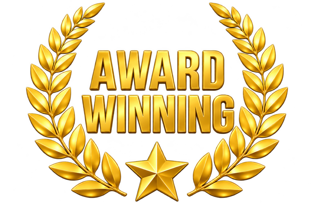 A golden laurel wreath, kind of like a shiny crown of leaves you’d put around a well-built roof, wraps around a gold star at the bottom. In the middle, “AWARD WINNING” is nailed down in bold gold letters on a clean white background—solid and reliable as quality shingles. - Roofing Hershey PA
