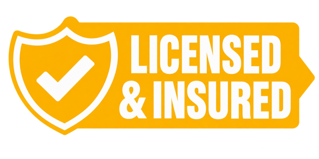 A yellow graphic features a sturdy shield with a checkmark on the left, and bold white lettering on the right reading Licensed Insured—just like you want from your trusted roofing crew. - Roofing Hershey PA