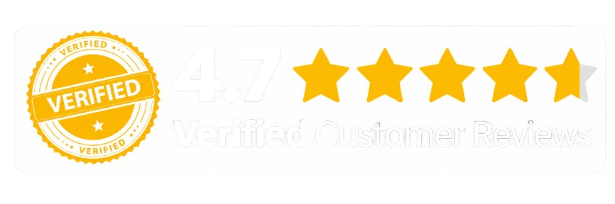 Bright yellow verified badge up front, numbers showing 4.7 outta 5 with five solid yellow stars. Words say Verified Customer Reviews against a plain white background. - Roofing Hershey PA